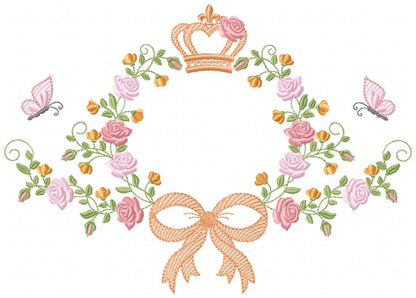 Whimsical Floral Frame with Bow, Butterfly & Crown – Fill Stitch – Machine Embroidery Design
