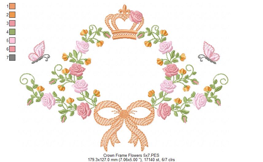 Whimsical Floral Frame with Bow, Butterfly & Crown – Fill Stitch – Machine Embroidery Design