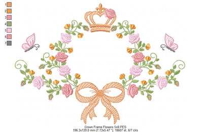 Whimsical Floral Frame with Bow, Butterfly & Crown – Fill Stitch – Machine Embroidery Design