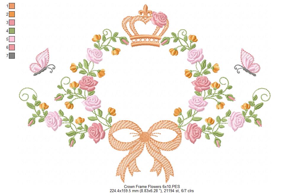 Whimsical Floral Frame with Bow, Butterfly & Crown – Fill Stitch – Machine Embroidery Design