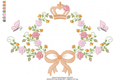 Whimsical Floral Frame with Bow, Butterfly & Crown – Fill Stitch – Machine Embroidery Design