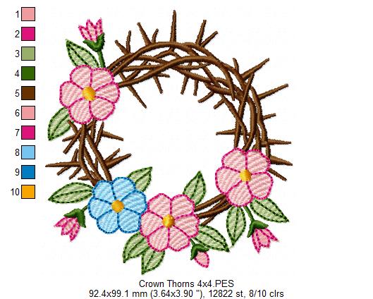 Crown of Thorns with Flowers - Rippled Stitch - Machine Embroidery Design