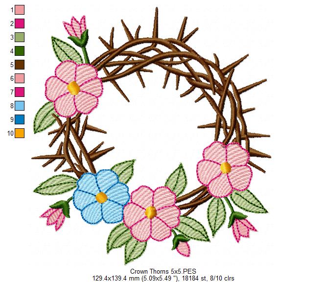 Crown of Thorns with Flowers - Rippled Stitch - Machine Embroidery Design