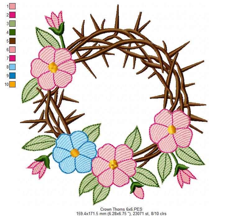 Crown of Thorns with Flowers - Rippled Stitch - Machine Embroidery Design