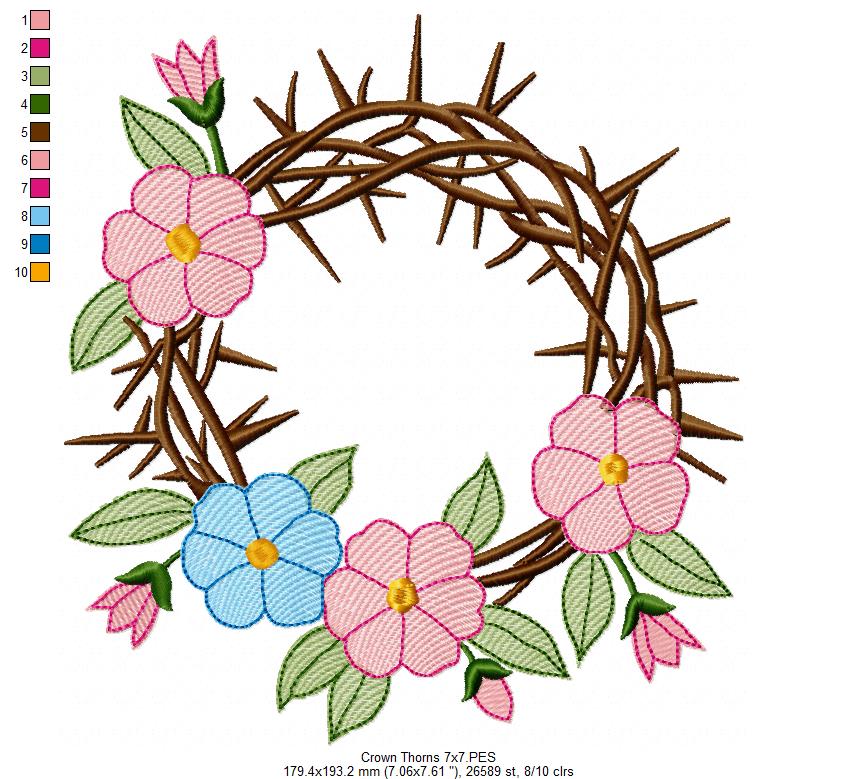 Crown of Thorns with Flowers - Rippled Stitch - Machine Embroidery Design