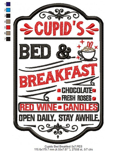Farmhouse Valentines Sign Cupid Bed & Breakfest - Fill Stitch - Machine Embroidery Design