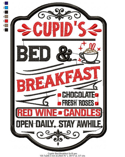 Farmhouse Valentines Sign Cupid Bed & Breakfest - Fill Stitch - Machine Embroidery Design