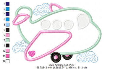 Cute Airplane - Applique - Machine Embroidery Design