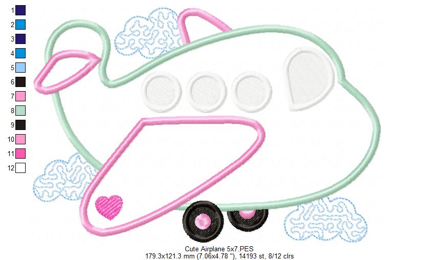 Cute Airplane - Applique - Machine Embroidery Design