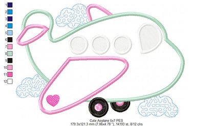 Cute Airplane - Applique - Machine Embroidery Design