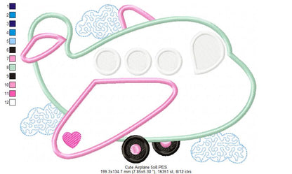 Cute Airplane - Applique - Machine Embroidery Design