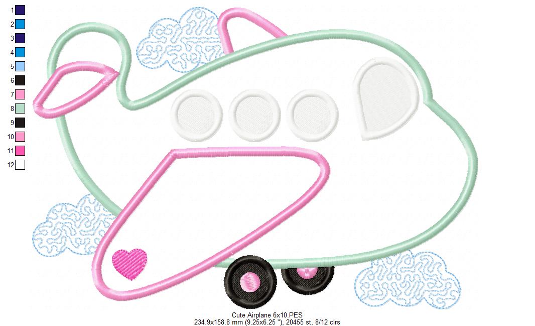 Cute Airplane - Applique - Machine Embroidery Design
