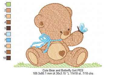 Baby Teddy Bear Boy and Butterfly - Fill Stitch - Machine Embroidery Design