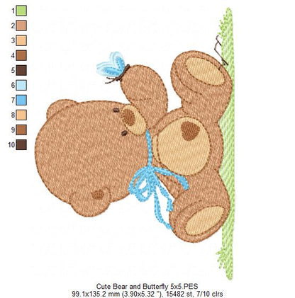 Baby Teddy Bear Boy and Butterfly - Fill Stitch - Machine Embroidery Design