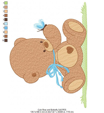 Baby Teddy Bear Boy and Butterfly - Fill Stitch - Machine Embroidery Design