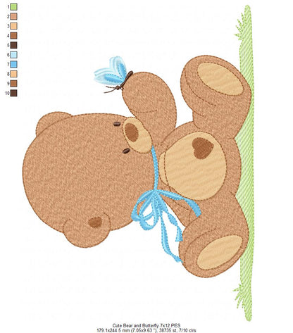 Baby Teddy Bear Boy and Butterfly - Fill Stitch - Machine Embroidery Design