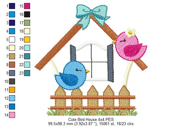 Birds, Bird House and Fence - Applique