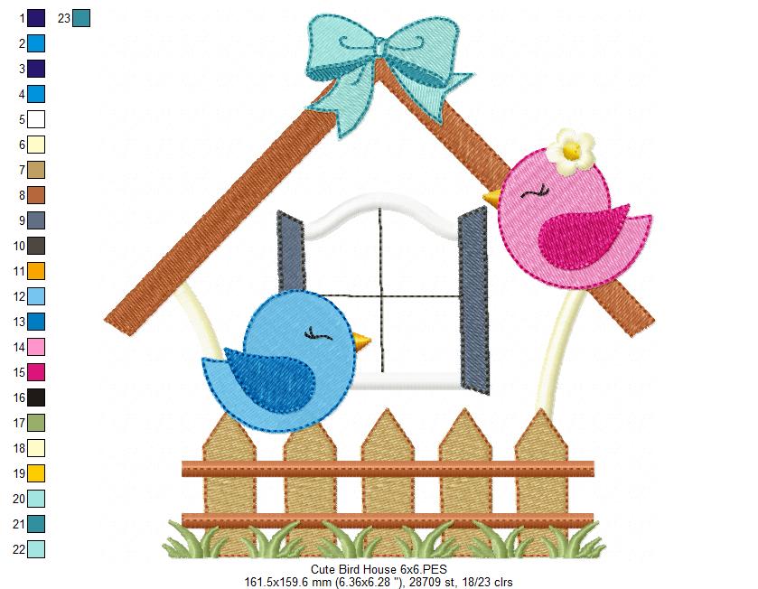 Birds, Bird House and Fence - Applique