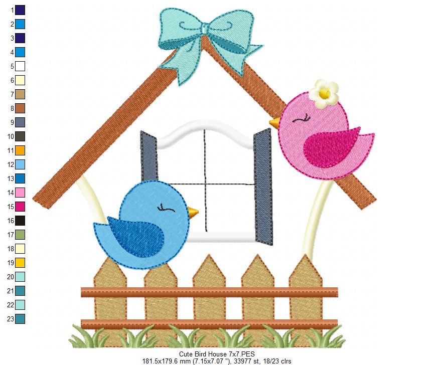 Birds, Bird House and Fence - Applique