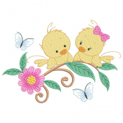 Two Yellow Birds on a Branch - Fill Stitch - Machine Embroidery Design