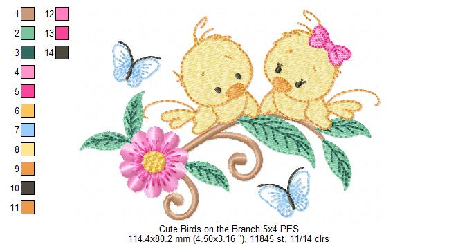 Two Yellow Birds on a Branch - Fill Stitch Embroidery