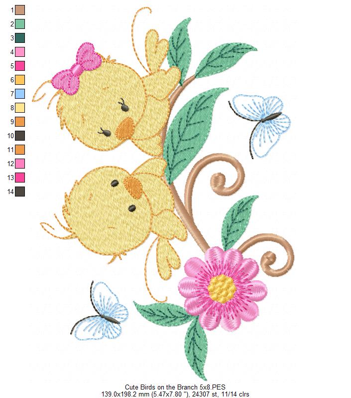 Two Yellow Birds on a Branch - Fill Stitch Embroidery