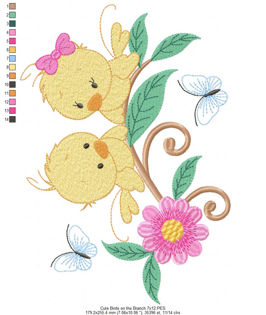 Two Yellow Birds on a Branch - Fill Stitch Embroidery