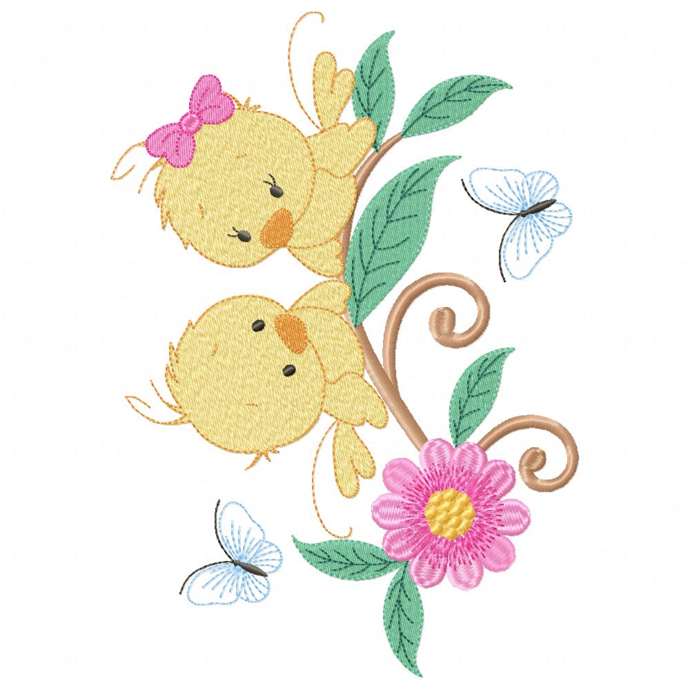 Two Yellow Birds on a Branch - Fill Stitch Embroidery