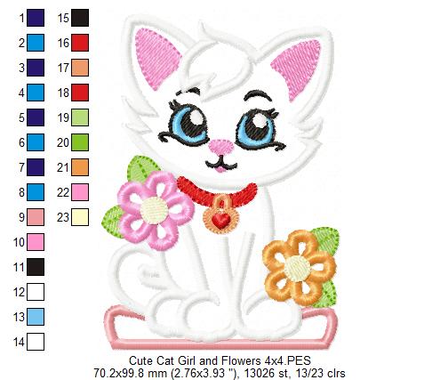 Sweet Kitten with Flowers Garden – Appliqué – Machine Embroidery Design