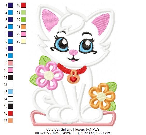 Sweet Kitten with Flowers Garden – Appliqué – Machine Embroidery Design