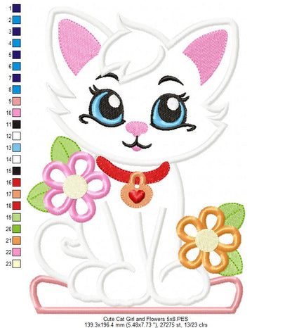 Sweet Kitten with Flowers Garden – Appliqué – Machine Embroidery Design