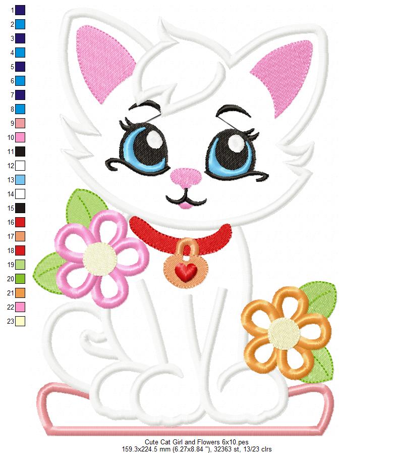 Cute Cat Girl and Flowers - Applique - Machine Embroidery Design
