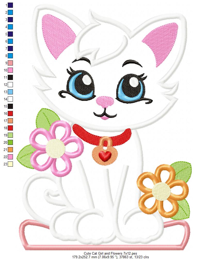 Cute Cat Girl and Flowers - Applique - Machine Embroidery Design