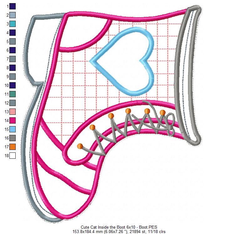 Cute Cat inside the boot Ornament - ITH Project - Machine Embroidery Design
