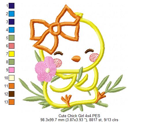 Cute Chick Girl with Bow - Applique - Machine Embroidery Design