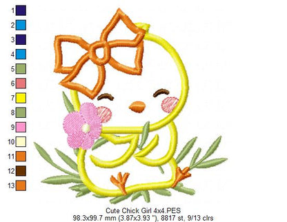 Cute Chick Girl with Bow - Applique - Machine Embroidery Design