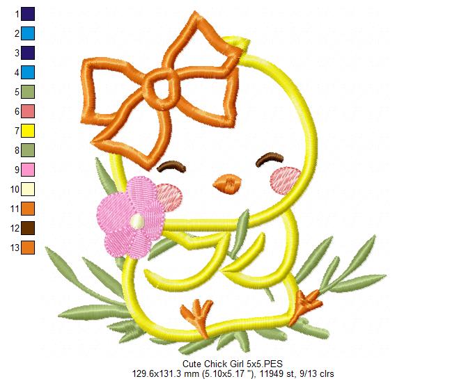 Cute Chick Girl with Bow - Applique - Machine Embroidery Design