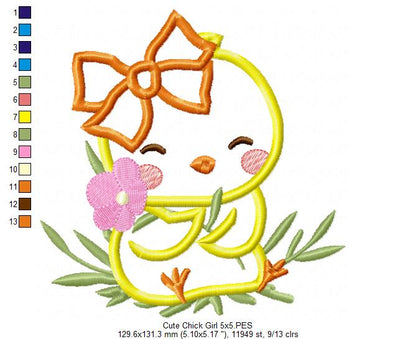 Cute Chick Girl with Bow - Applique - Machine Embroidery Design
