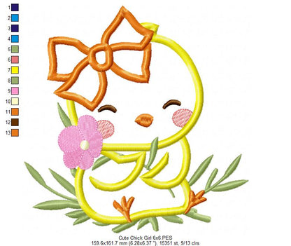 Cute Chick Girl with Bow - Applique - Machine Embroidery Design