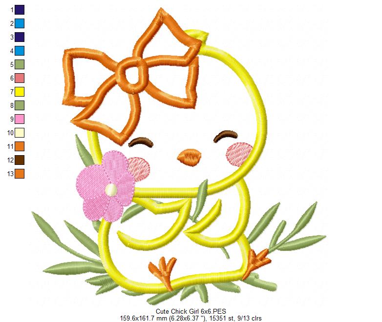 Cute Chick Girl with Bow - Applique - Machine Embroidery Design