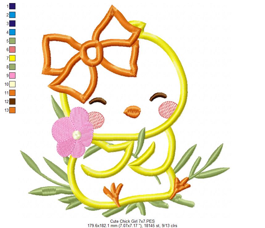 Cute Chick Girl with Bow - Applique - Machine Embroidery Design
