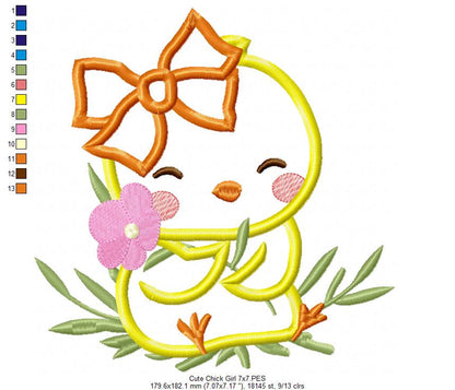 Cute Chick Girl with Bow - Applique - Machine Embroidery Design