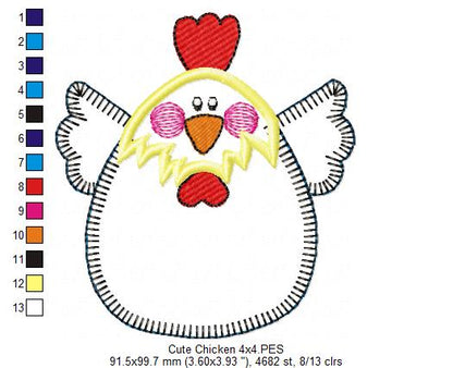 Cute Chicken - Applique - Machine Embroidery Design