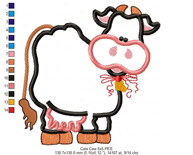 Cute Cow  - Applique - Machine Embroidery Design