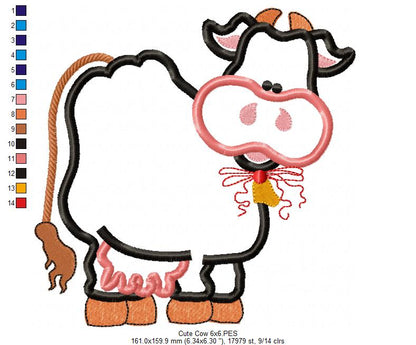 Cute Cow  - Applique - Machine Embroidery Design