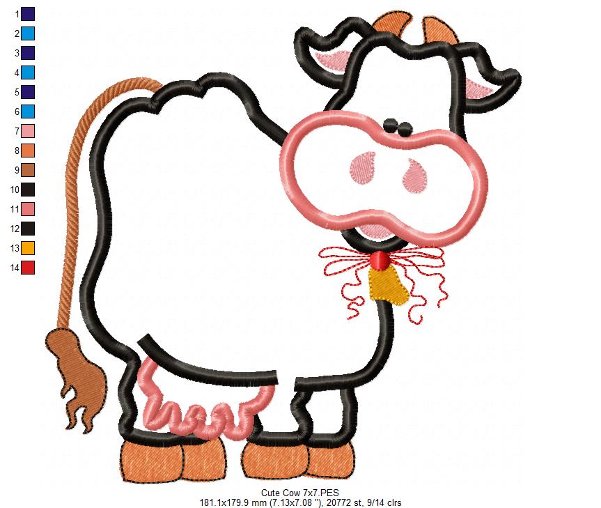Cute Cow  - Applique - Machine Embroidery Design