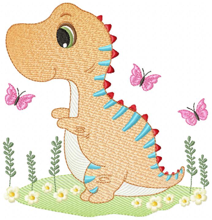Cute Dinosaur and Butterflies - Rippled Stitch Embroidery