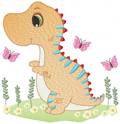 Cute Dinosaur and Butterflies - Rippled Stitch Embroidery