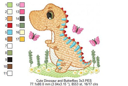 Cute Dinosaur and Butterflies - Rippled Stitch Embroidery