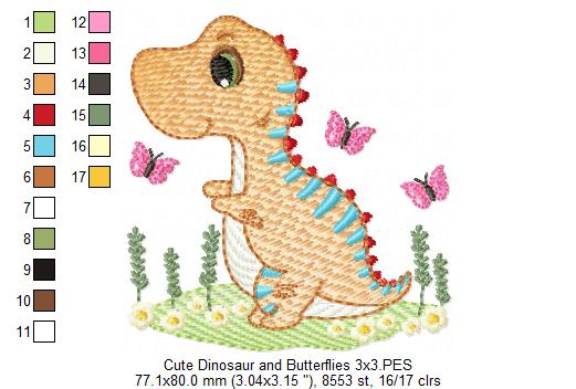 Cute Dinosaur and Butterflies - Rippled Stitch Embroidery